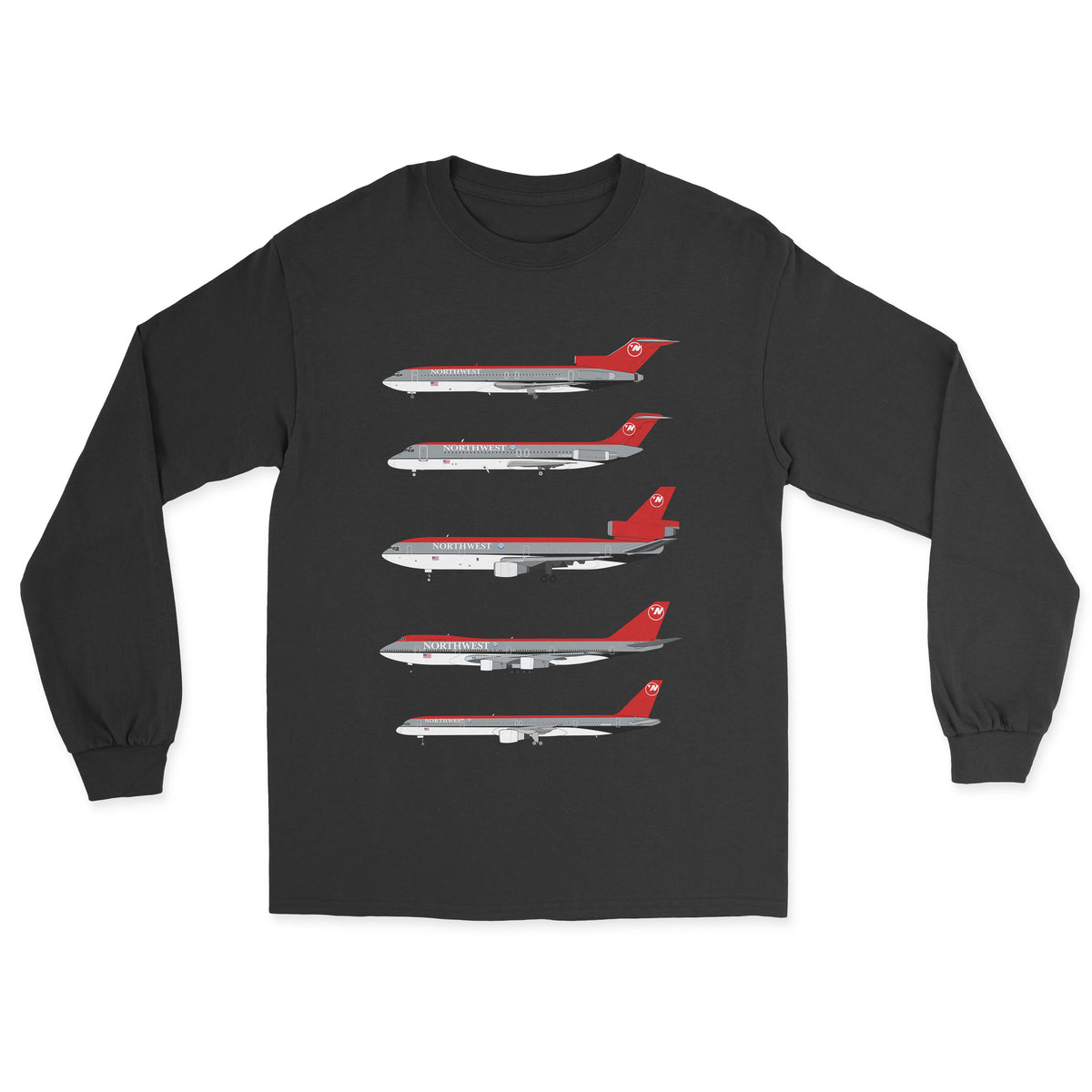 Northwest Airlines B727, DC-9, DC-10, B747, B757 Unisex Long Sleeve T-Shirt - Black