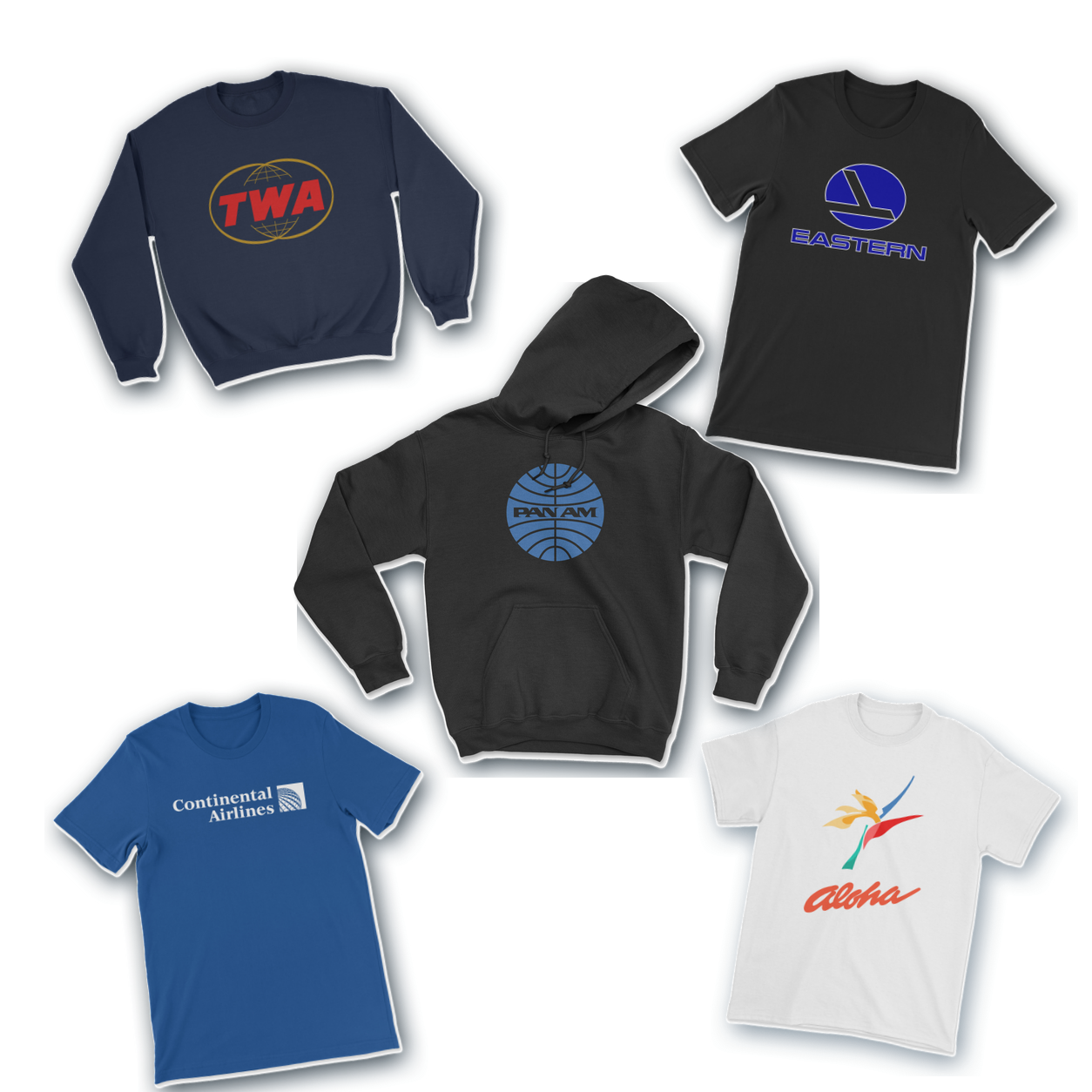 TWA sweatshirt, Eastern and Continental and Aloha tees, and Pan Am hoodie